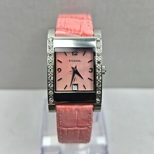 Fossil Watch Women Silver Tone Pink MOP Dial Pave Bezel Leather New Battery